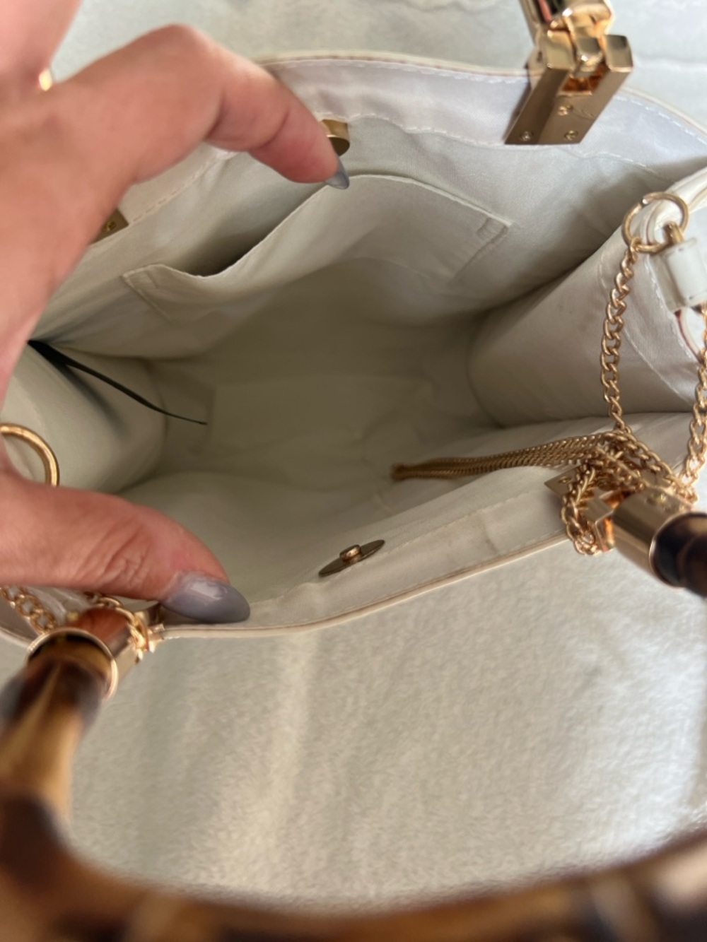 Embroidered Beaded Top-Handle Tote in Ivory and Blue - Picture 7 of 9